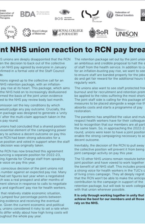 RCM responds to RCN’s decision to diverge from joint NHS unions position on pay